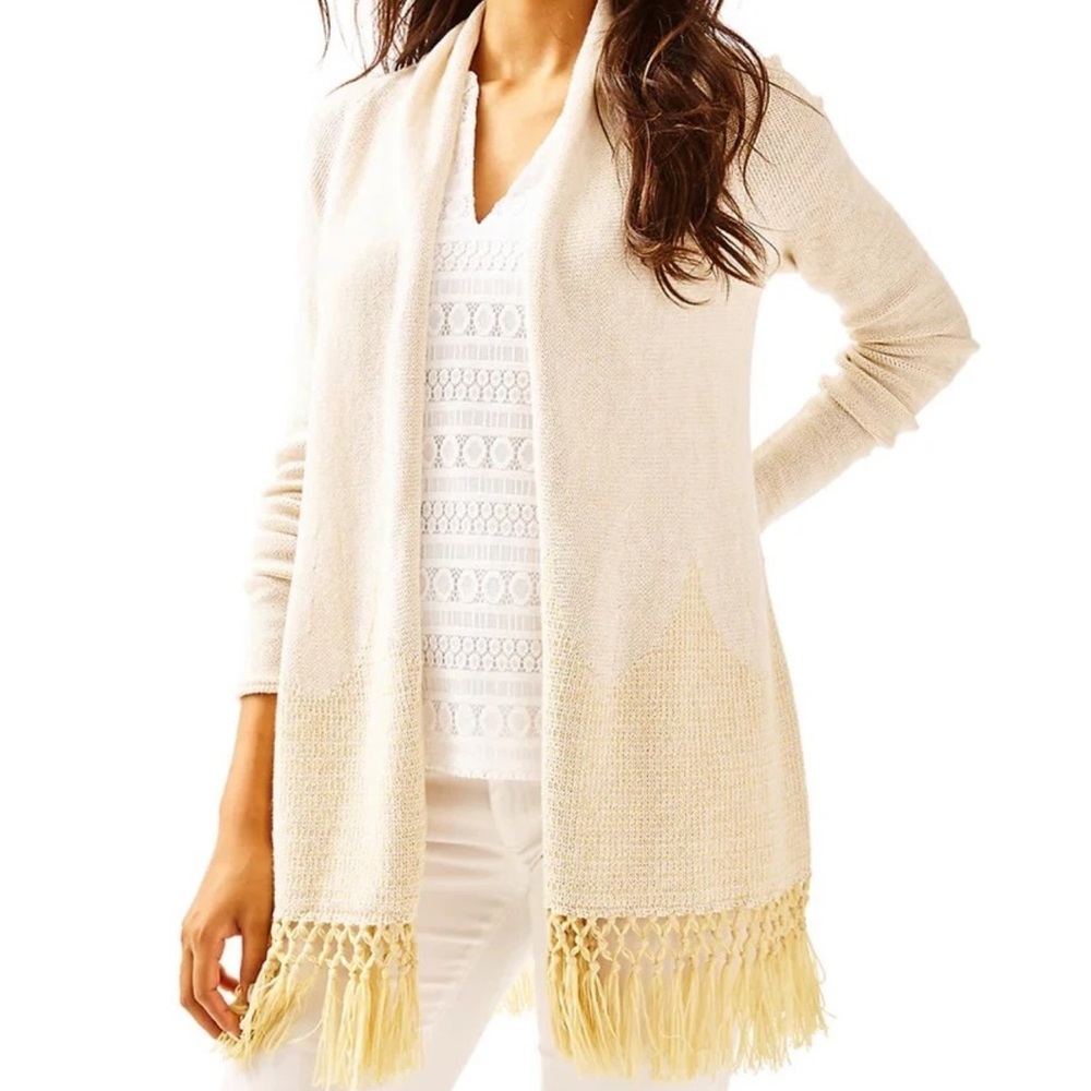 Lilly Pulitzer Tatum Long Fringe Hem Cardigan XS Ivory Gold Metallic